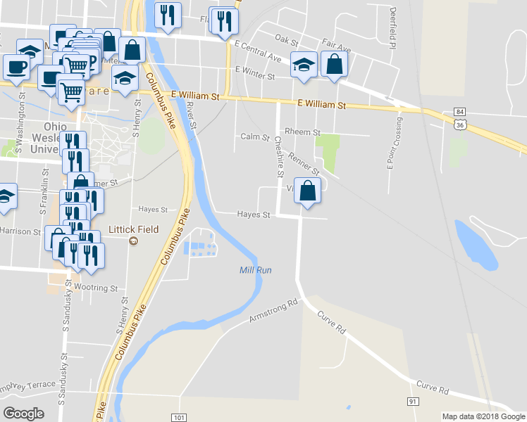 map of restaurants, bars, coffee shops, grocery stores, and more near 215 Hayes Street in Delaware