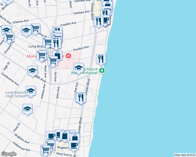 map of restaurants, bars, coffee shops, grocery stores, and more near 2 North Bath Avenue in Long Branch