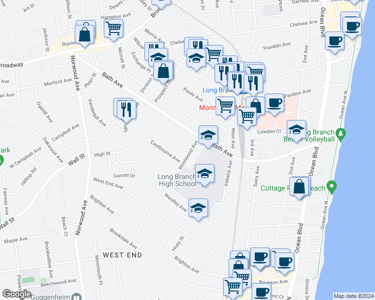 map of restaurants, bars, coffee shops, grocery stores, and more near 364 Westwood Avenue in Long Branch