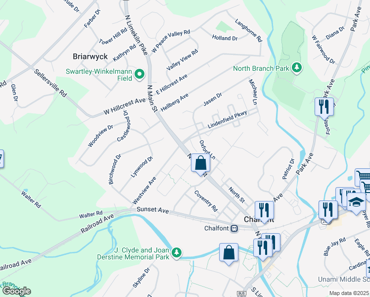 map of restaurants, bars, coffee shops, grocery stores, and more near 361 North Main Street in Chalfont