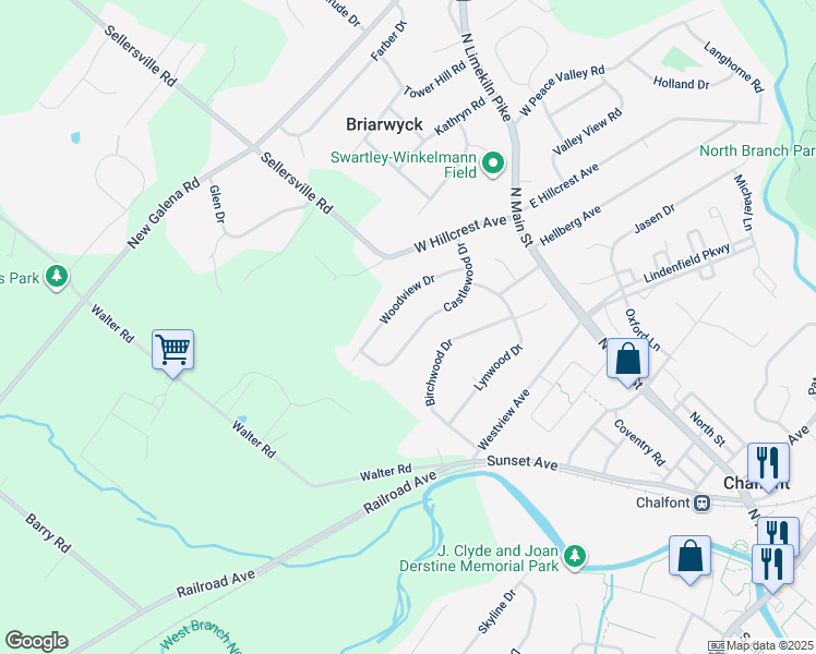map of restaurants, bars, coffee shops, grocery stores, and more near 52 Castlewood Drive in Chalfont