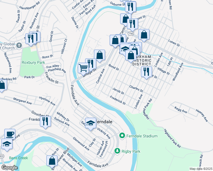 map of restaurants, bars, coffee shops, grocery stores, and more near 817 Coleman Avenue in Johnstown