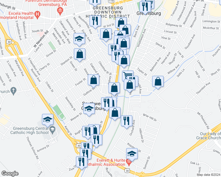 map of restaurants, bars, coffee shops, grocery stores, and more near 748 Sidney Street in Greensburg