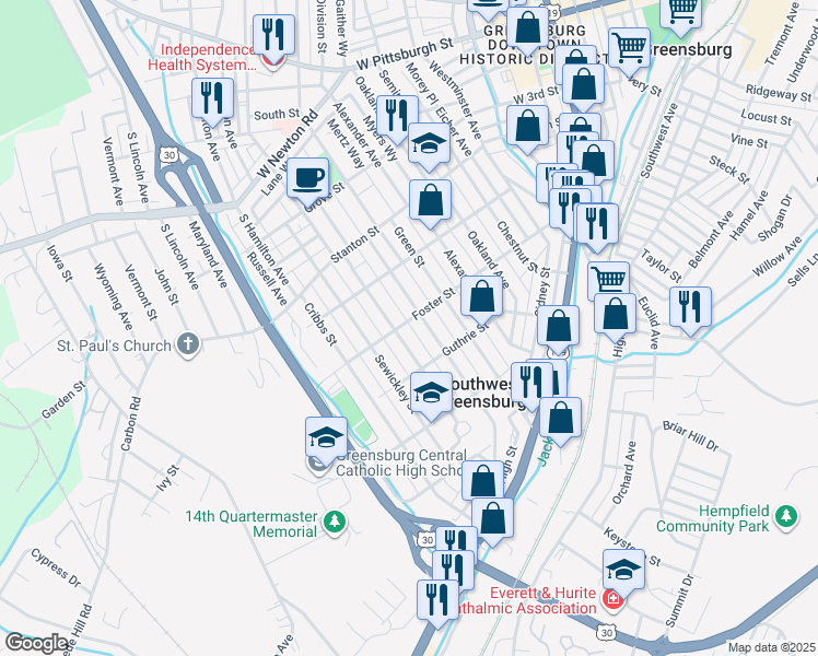 map of restaurants, bars, coffee shops, grocery stores, and more near 612 Mace Street in Greensburg