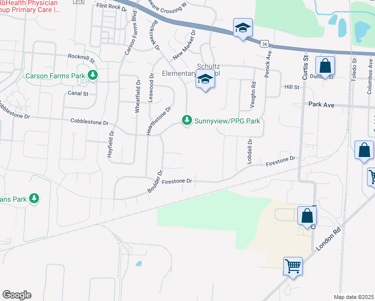 map of restaurants, bars, coffee shops, grocery stores, and more near 635 Pebble Place Drive in Delaware