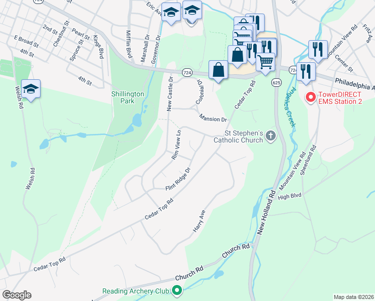 map of restaurants, bars, coffee shops, grocery stores, and more near 1 Overview Court in Reading
