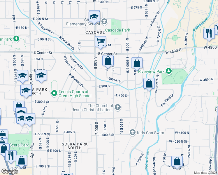 map of restaurants, bars, coffee shops, grocery stores, and more near 211 South 860 East Street in Orem