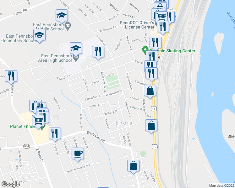 map of restaurants, bars, coffee shops, grocery stores, and more near 212 West Dauphin Street in Enola