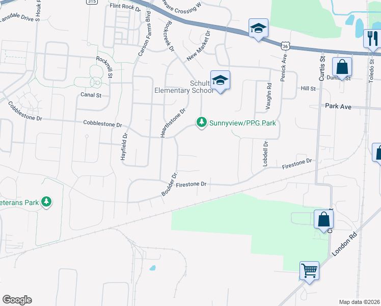 map of restaurants, bars, coffee shops, grocery stores, and more near 635 Pebble Place Drive in Delaware