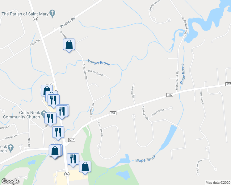 map of restaurants, bars, coffee shops, grocery stores, and more near 233 County Road 537 in Monmouth County