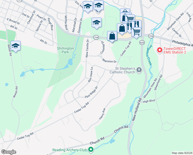 map of restaurants, bars, coffee shops, grocery stores, and more near 1 Overview Court in Reading