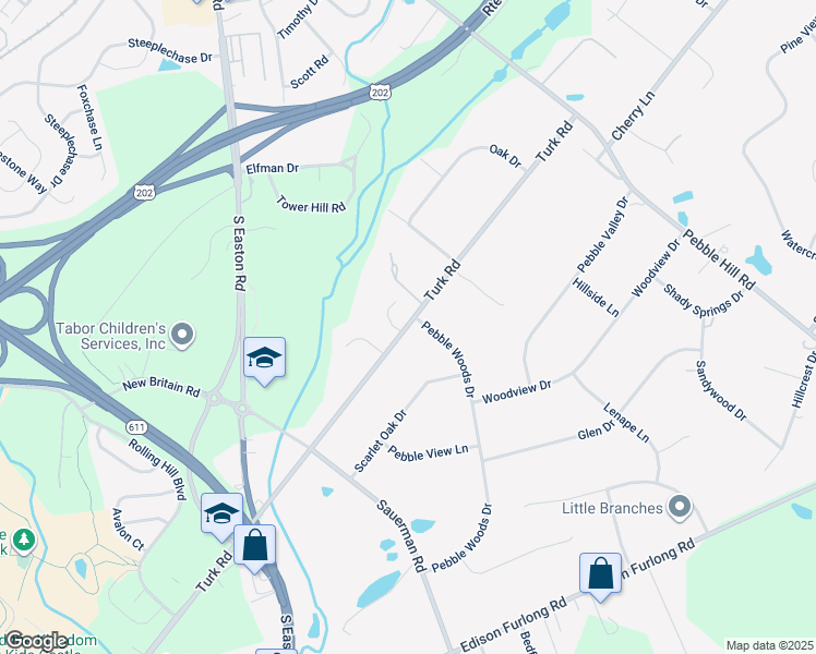map of restaurants, bars, coffee shops, grocery stores, and more near 2203 Turk Road in Doylestown