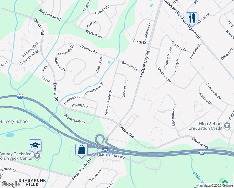 map of restaurants, bars, coffee shops, grocery stores, and more near 15 Larkspur Lane in Lawrence Township