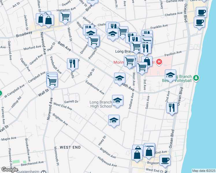 map of restaurants, bars, coffee shops, grocery stores, and more near 364 Westwood Avenue in Long Branch