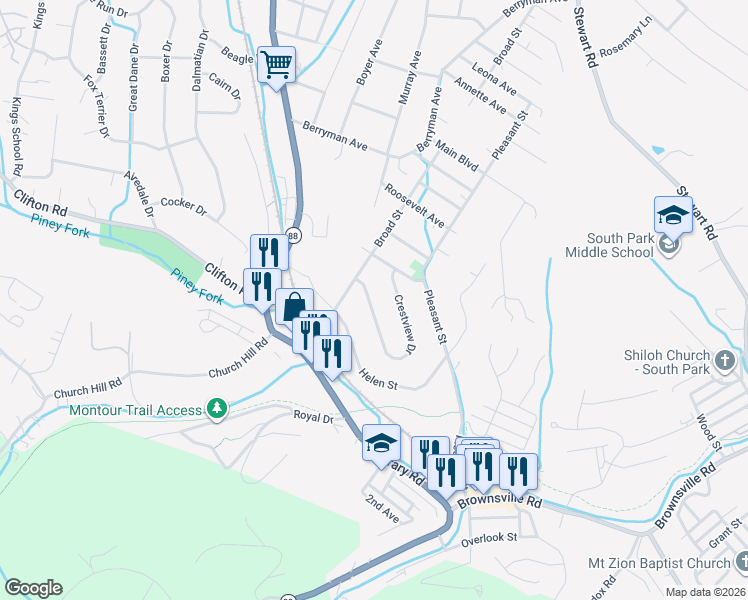 map of restaurants, bars, coffee shops, grocery stores, and more near 6308 Crestview Drive in South Park Township