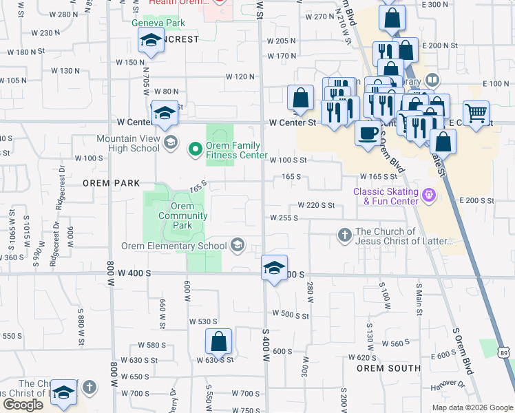 map of restaurants, bars, coffee shops, grocery stores, and more near 216 South 400 West in Orem