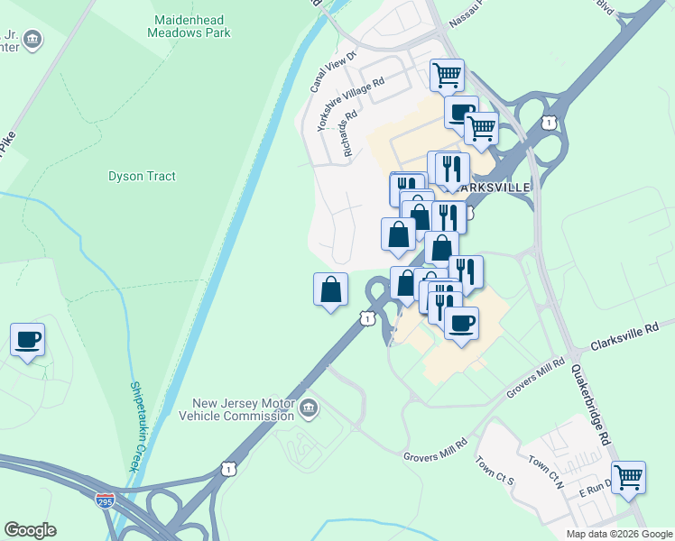 map of restaurants, bars, coffee shops, grocery stores, and more near 86 Canal View Drive in Lawrence Township