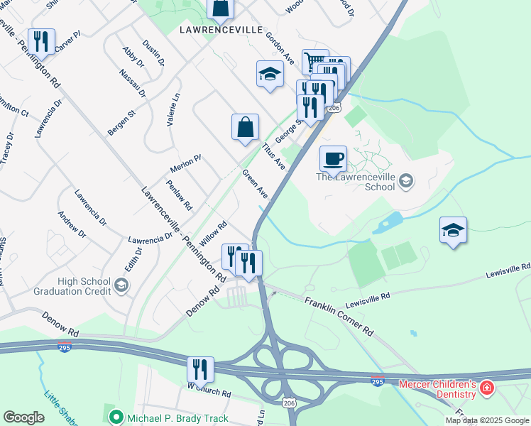 map of restaurants, bars, coffee shops, grocery stores, and more near 2500 Lawrenceville Road in Lawrence Township