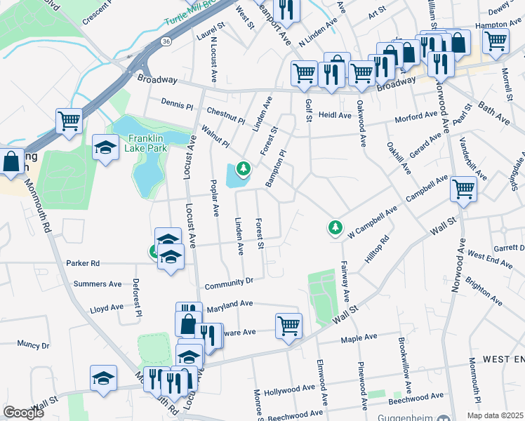 map of restaurants, bars, coffee shops, grocery stores, and more near 65 Bampton Place in West Long Branch