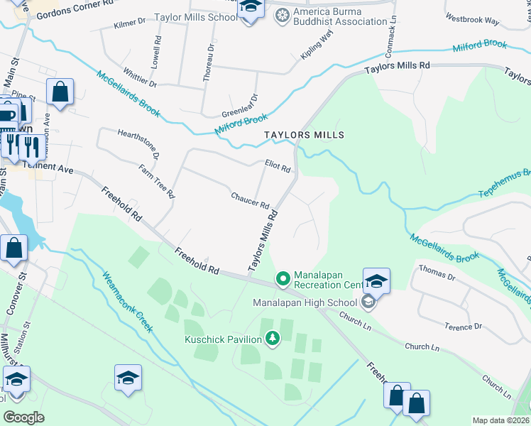 map of restaurants, bars, coffee shops, grocery stores, and more near 3 Chaucer Road in Manalapan Township