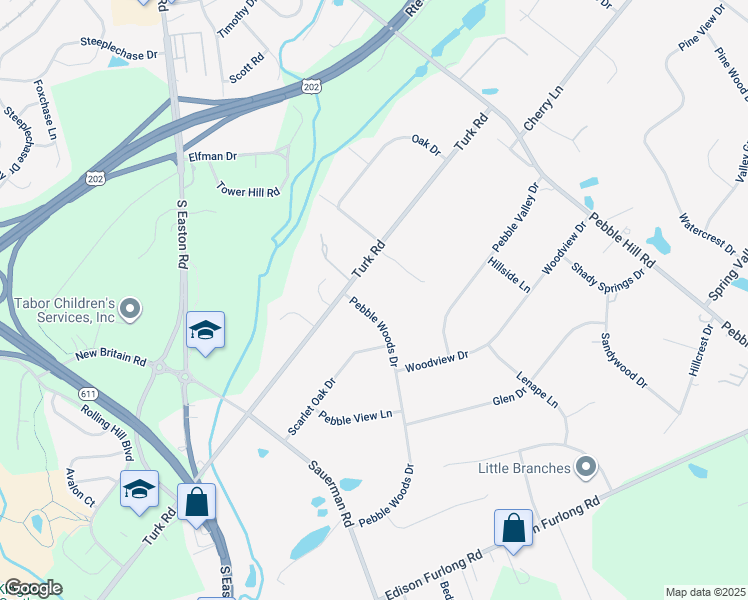 map of restaurants, bars, coffee shops, grocery stores, and more near 22 Pebble Woods Drive in Doylestown