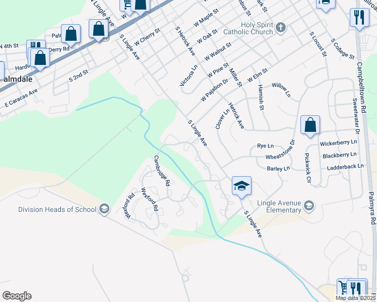 map of restaurants, bars, coffee shops, grocery stores, and more near 615 Cambridge Court in Palmyra