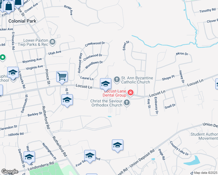 map of restaurants, bars, coffee shops, grocery stores, and more near 5406 Locust Lane in Harrisburg