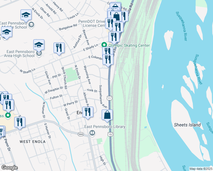 map of restaurants, bars, coffee shops, grocery stores, and more near 167 North Enola Road in Enola