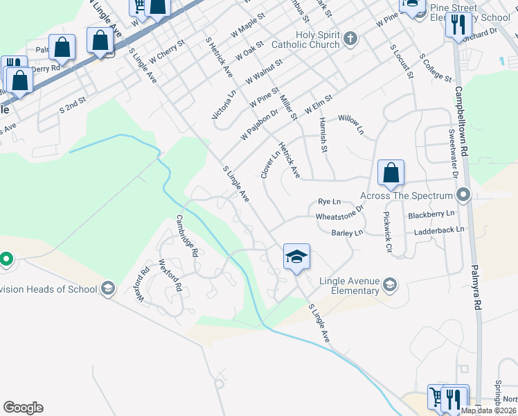 map of restaurants, bars, coffee shops, grocery stores, and more near 530 S Lingle Ave in Palmyra