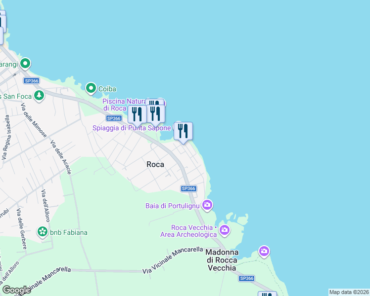 map of restaurants, bars, coffee shops, grocery stores, and more near 27 Piazza del Mare in Roca Vecchia