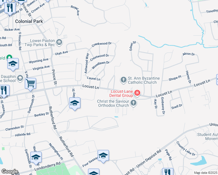 map of restaurants, bars, coffee shops, grocery stores, and more near 5400 Locust Lane in Harrisburg