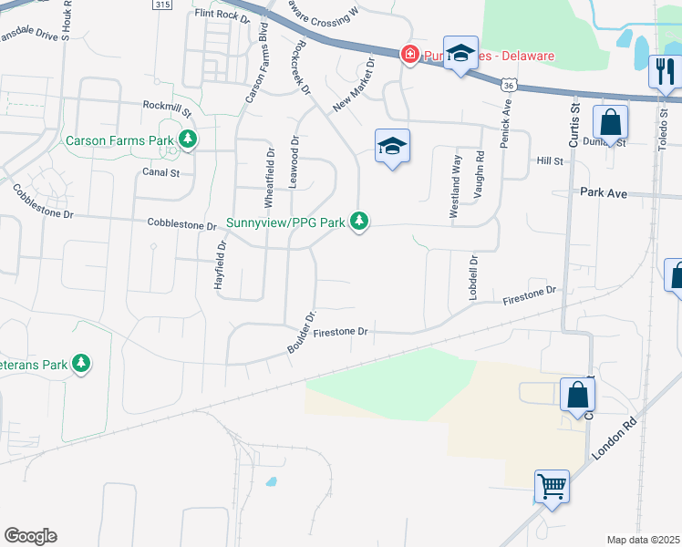 map of restaurants, bars, coffee shops, grocery stores, and more near 635 Pebble Place Drive in Delaware