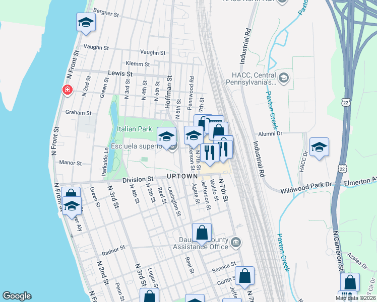 map of restaurants, bars, coffee shops, grocery stores, and more near 2946 Jefferson Street in Harrisburg