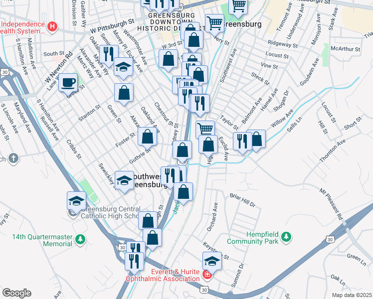 map of restaurants, bars, coffee shops, grocery stores, and more near 739s South Main Street in Greensburg