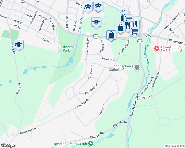 map of restaurants, bars, coffee shops, grocery stores, and more near 1 Overview Court in Reading
