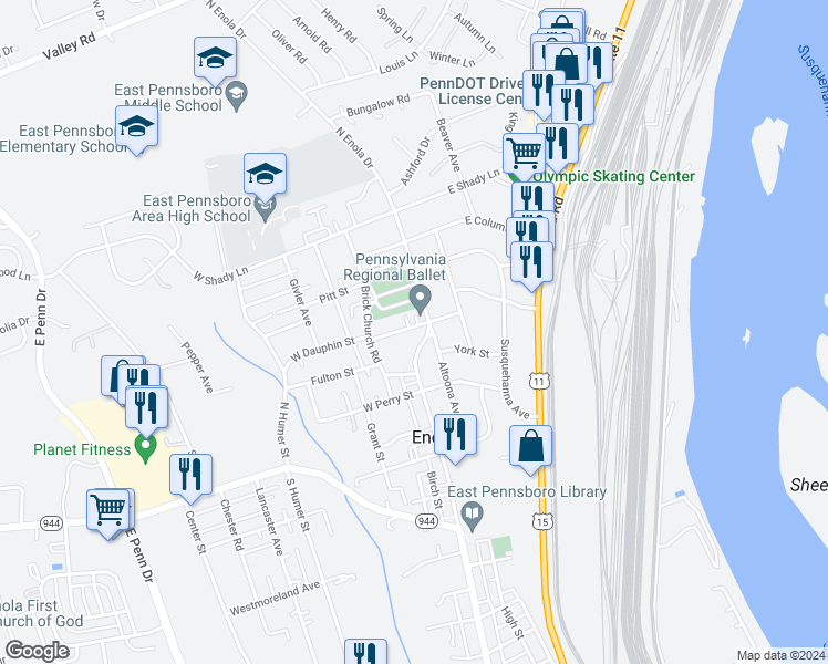 map of restaurants, bars, coffee shops, grocery stores, and more near 222 West Dauphin Street in Enola