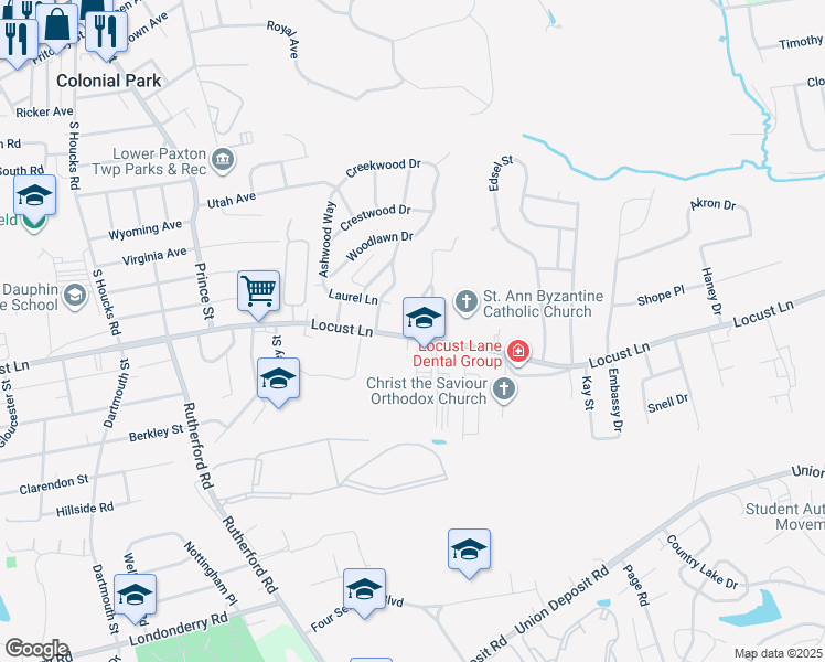 map of restaurants, bars, coffee shops, grocery stores, and more near 5400 Locust Lane in Harrisburg