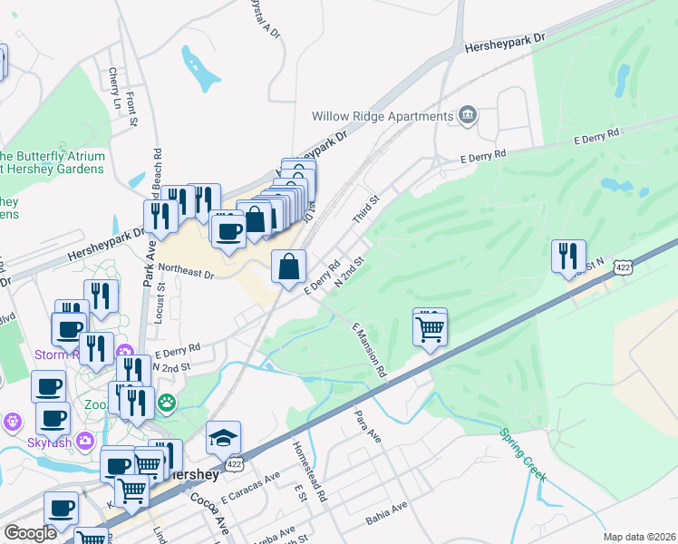 map of restaurants, bars, coffee shops, grocery stores, and more near 330 East Derry Road in Hershey