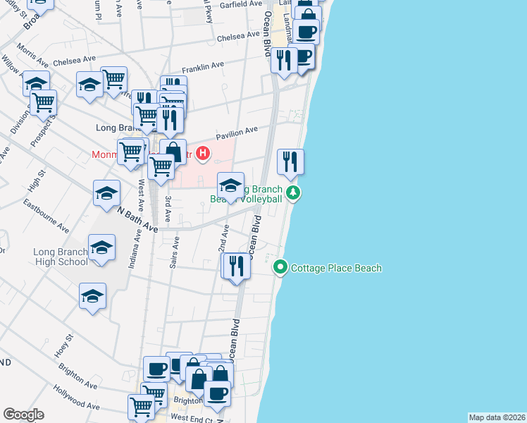 map of restaurants, bars, coffee shops, grocery stores, and more near 8 North Bath Avenue in Long Branch