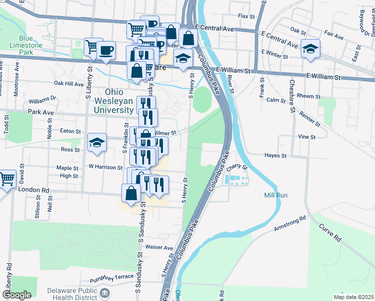 map of restaurants, bars, coffee shops, grocery stores, and more near 150 South Henry Street in Delaware