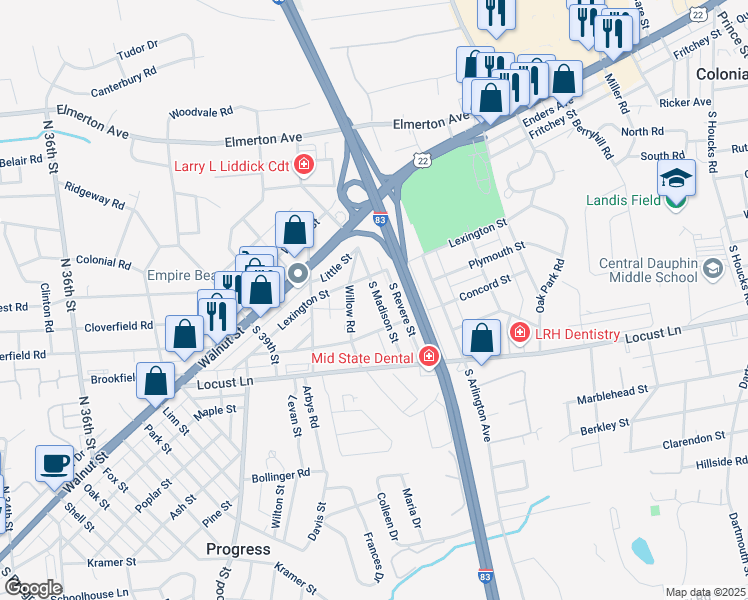 map of restaurants, bars, coffee shops, grocery stores, and more near 110 South Madison Street in Harrisburg