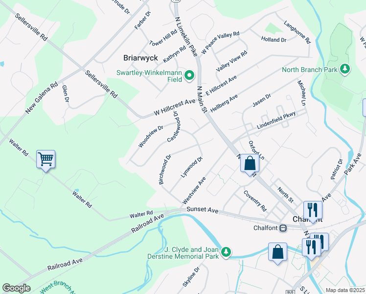 map of restaurants, bars, coffee shops, grocery stores, and more near 93 Birchwood Drive in Chalfont