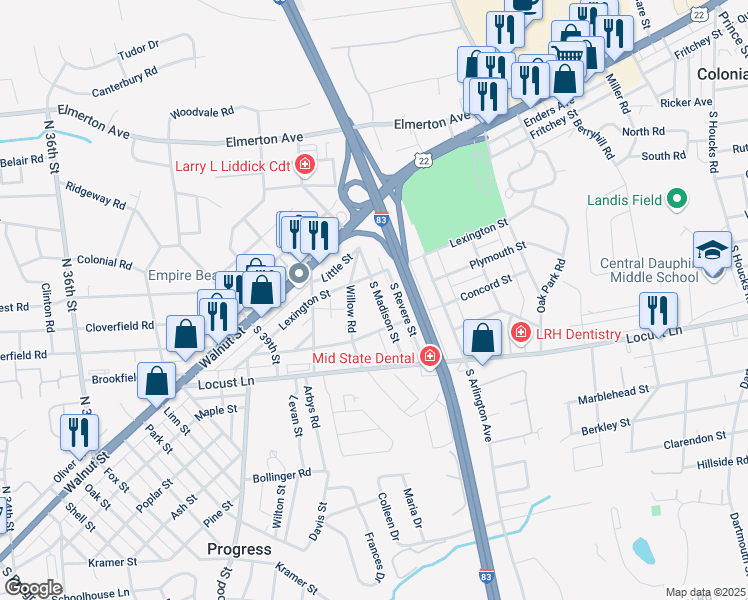 map of restaurants, bars, coffee shops, grocery stores, and more near 110 South Madison Street in Harrisburg