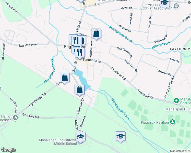 map of restaurants, bars, coffee shops, grocery stores, and more near 17 McDonald Way in Englishtown