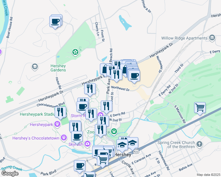 map of restaurants, bars, coffee shops, grocery stores, and more near 565 Park Avenue in Hershey