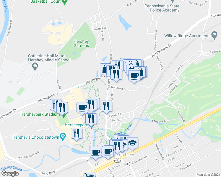 map of restaurants, bars, coffee shops, grocery stores, and more near 565 Park Avenue in Hershey
