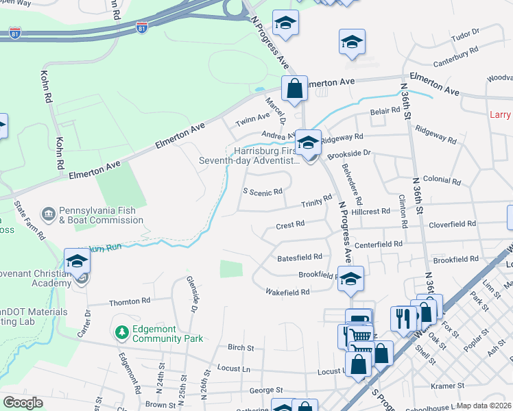 map of restaurants, bars, coffee shops, grocery stores, and more near 3204 Trinity Road in Harrisburg