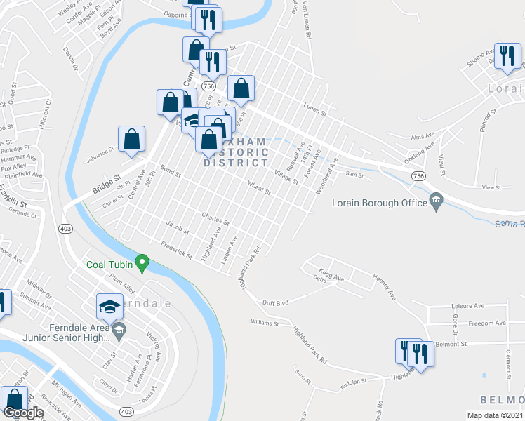 map of restaurants, bars, coffee shops, grocery stores, and more near 665 Russell Avenue in Johnstown