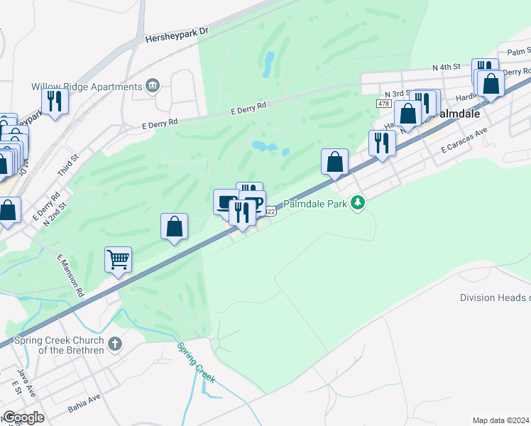 map of restaurants, bars, coffee shops, grocery stores, and more near 899 Benjamin Franklin Highway in Hershey