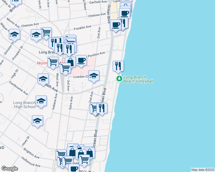 map of restaurants, bars, coffee shops, grocery stores, and more near 2 North Bath Avenue in Long Branch